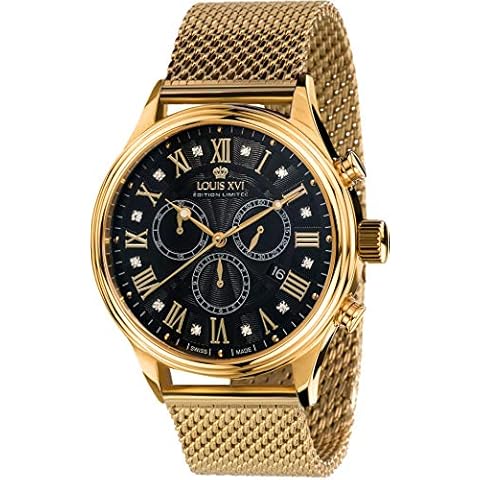 Louis XVI Danton Men's Watch, Gold and Black with Real Diamonds, Steel Band, Roman Numerals, Chronograph Analogue Quartz Stainless Steel Milanese 898 Watch Cover