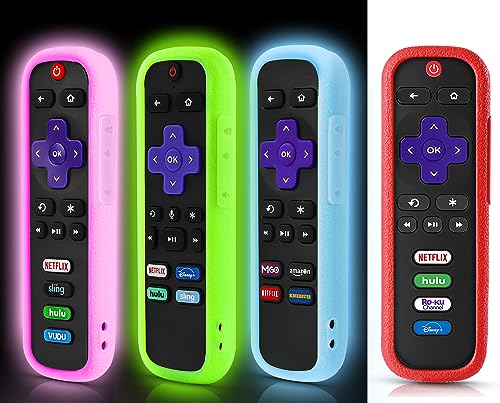 Image of 4 Pack Case for Roku Remote, Cover for Hisense /TCL Roku TV Steaming Stick /Express, Silicone Protective Controller Universal Replacement Sleeve Skin Glow in The Dark Pink Green Blue with Lanyards