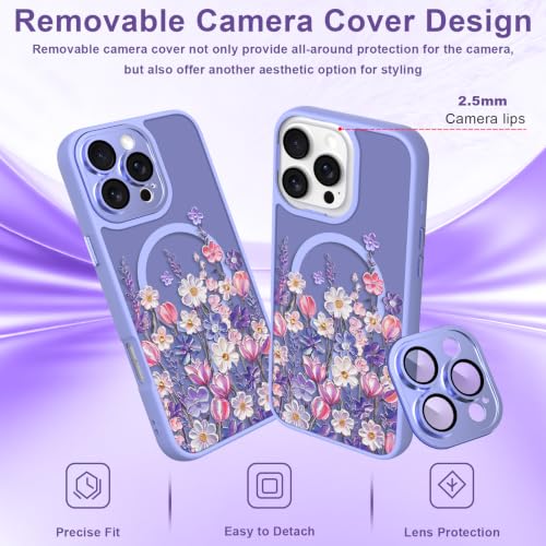 Image of Magnetic for iPhone 16 Pro Max Case with for Women, Purple Floral | Cute Oil Painting Flower Pattern Design [Compatible with MagSafe] [Full Camera Protection] Translucent Slim Shockproof Cover