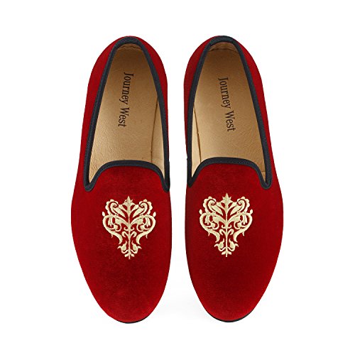 Sapato masculino vintage de veludo bordado nobre mocassim slip-on mocassim fumante preto/vermelho/azul, Red Vine, 7