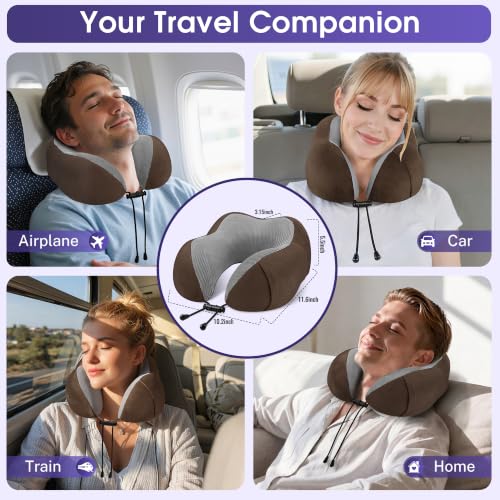 Image of CloudBliss Travel Pillows for Airplane, 2 Pack Memory Foam Neck Pillows for Travel, Compact Neck Pillows for Long Flight Sleeping, Plane Accessories with Eye Mask, Earplugs, Storage Bag, Black & Brown