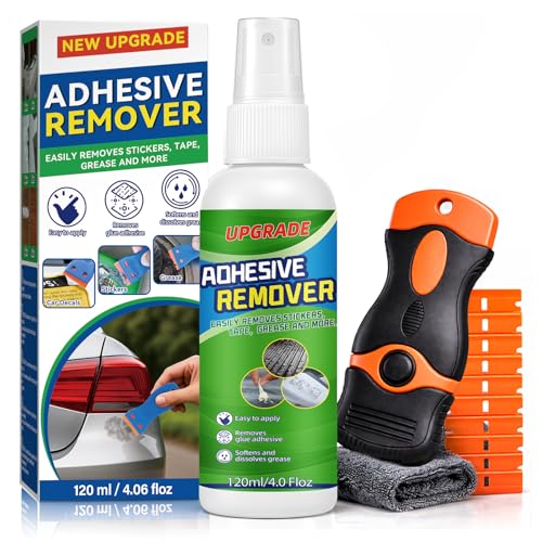Adhesive Remover Spray Kit 4 fl oz Sticker Remover for Labels Glue Residue Tape Decals Fast Acting Glue Remover Includes Scraper and 10 Extra Plastic Razor Blades for Home Car Glass Metal