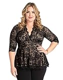 Kiyonna Women's Plus Size Linden Lace Top, V-Neck Scalloped Trim Blouse for Women, Wear to Work, Cocktail Party, or Semi-Formal Event, Surplice Neckline, Peplum Waistline, and 3/4 Sleeve Length