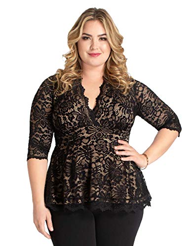Kiyonna Women's Plus Size Linden Lace Top, V-Neck Scalloped Trim Blouse for Women, Wear to Work, Cocktail Party, or Semi-Formal Event, Surplice Neckline, Peplum Waistline, and 3/4 Sleeve Length