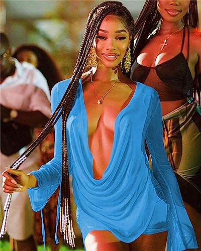Image of Women's Sexy Long Sleeve Two 2 Pieces Outfits Sheer Mesh Mini Dress Skirt Set Top V Neck Backless Ruched Bodycon Cover Up