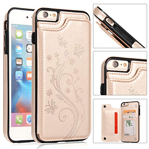 QFUN Back Wallet Case for iphone 6/6S with Stand, Elegant Embossed Design [Butterfly Flower] Lightweight Slim Fit Leather Phone Case with Card Holder Protective Bumper Flip Cover - Gold