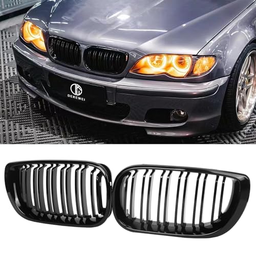 DEKEWEI E46 Grille, Front Kidney Grill Compatible with BMW 3 Series 2002-2005 E46 4-Door 320i 325i 325xi 330i 330xi Double Slats Gloss Black Grill