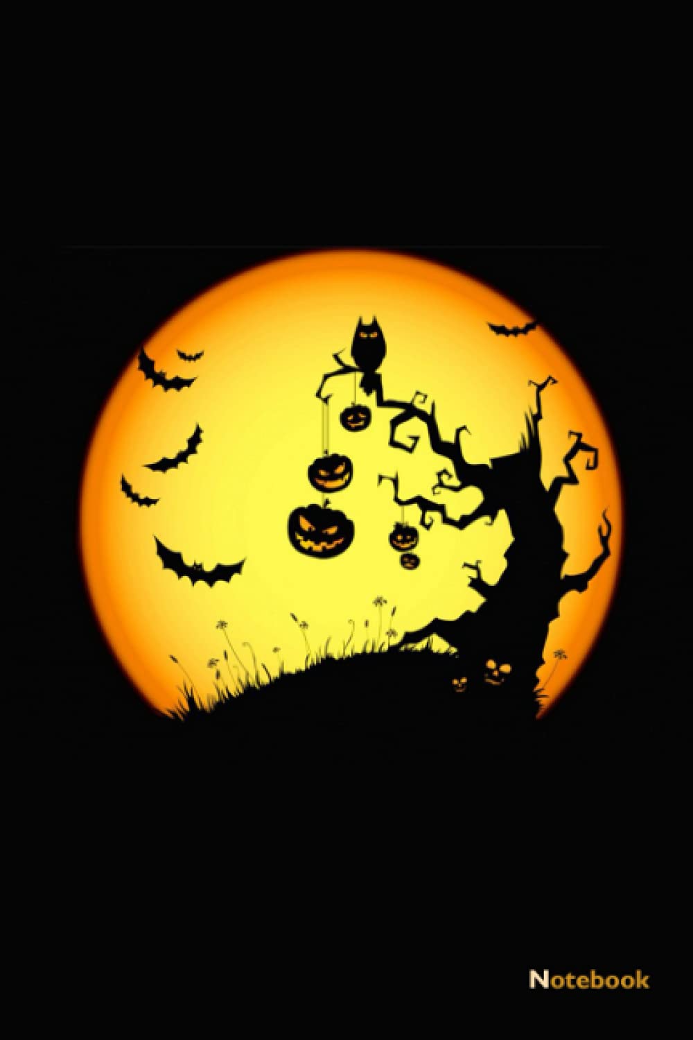 Notebook: Halloween 2021 - Pumpkin - Sunset - Bats - Dry Tree- Wide Ruled - 100 Pages - 6x9