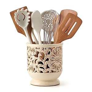 Farmhousekitchenutensilholderforcountertopceramiclargecookingutensilcrockwithcorkmatdecorativerusticutensilholderforkitchencounterhollowcarvingflowerbeige Urban Country Home Decor Farmhouse kitchen utensil holder for countertop ceramic large cooking utensil crock with cork mat decorative rustic utensil holder for kitchen counter hollow carving flower beige urban country home decor