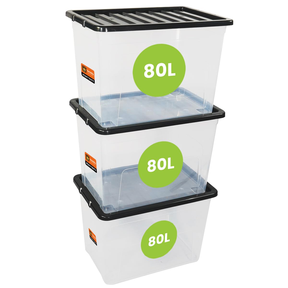 Safaripak Clear 3 X 80 Litre Stackable Plastic Storage Boxes With Lids, Clip-Lock Lid, Sturdy Space Saving Nestable Box, Lidded Containers For Home, Kitchen, Moving, Garage, Office & Organisation
