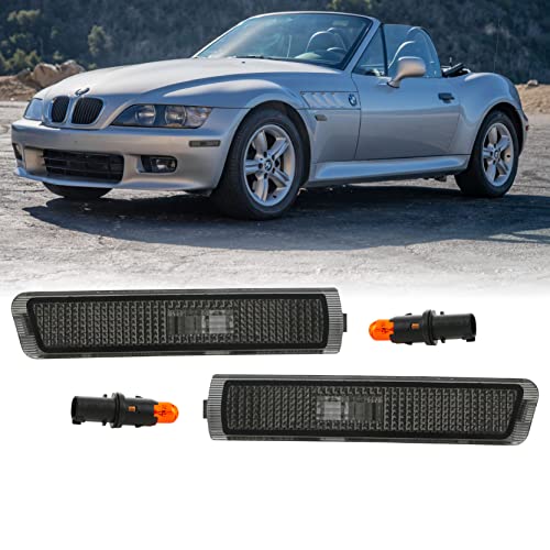 USR Z3 Side Marker Lights - Euro Style Smoke Lens Front Bumper Sidemarkers Lamps Set (Left + Right) Compatible with 1996-2002 BMW Z3 Roadster/M/M Coupe (Smoked, Bulbs + Sockets Included)