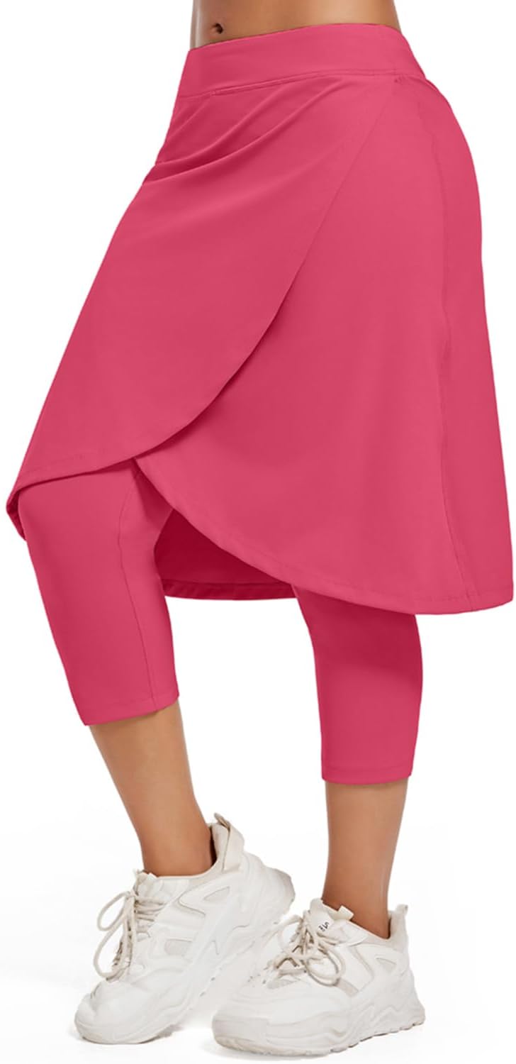 UK loees Women's Long Knee-Length Skirt with Capri Leggings, Athletic Golf Yoga Tennis Skirted Leggings with Internal Pocket