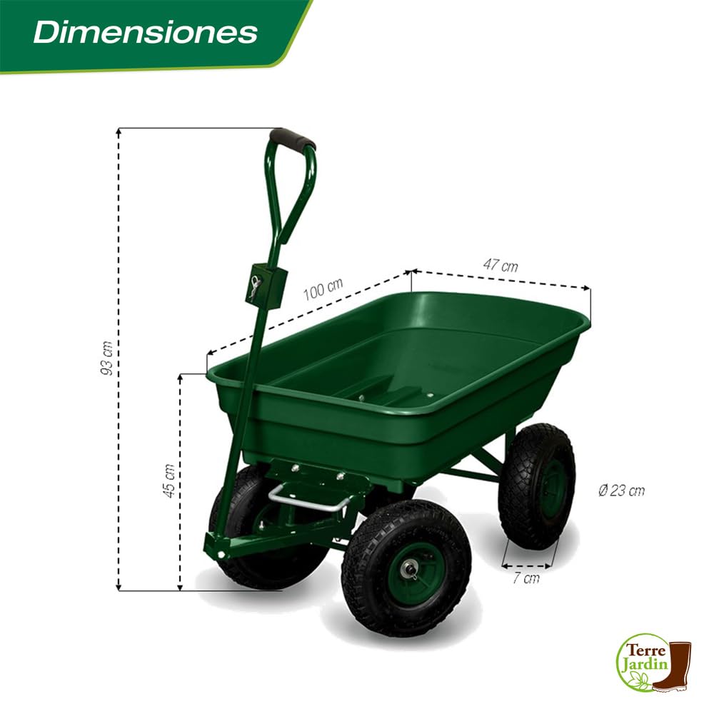 TERRE JARDIN Carretilla de Jardín 4 Ruedas Hinchables 120 Kg, Cubeta Basculante 52 L, Carro para Leña, Transporte de Leña, Remolque Enganche Integrado - Capacidad Basculada 80 Kg