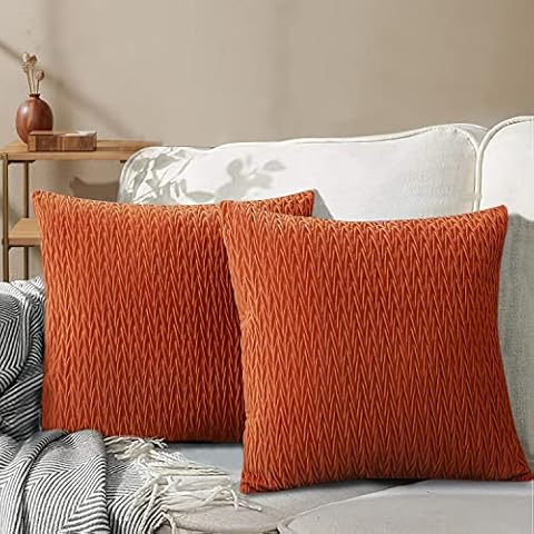 RUIKASI Set of 2 Velvet Decorative Throw Pillow Covers with Wave Striped, 18x18 Inch, Luxury Soft Square Cushion Case Solid Farmhouse Cushion Covers for Couch Sofa Bed Car, Orange Cover