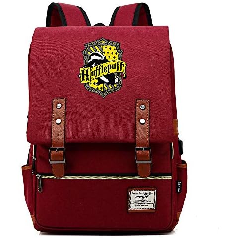 Hufflepuff School Bag, Harry Potter Laptop Backpack Tablet Bag with USB Charging Port Unisex Wine red Cover