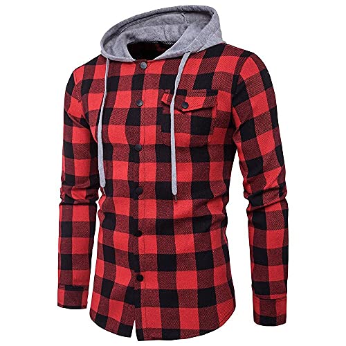 Burband 2021 Mens Casual Flannel Shirts Long Sleeve Button Down Sweatshirts Drawstring Plaid Hoodie Jackets with Pockets