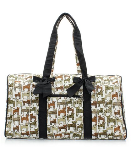 Black Cat Print Quilted Large Duffel Bag with Bow Accent