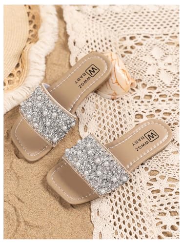 Image of GORGLITTER Girl's Pearls Dress Flat Sandals Glitter Rhinestone Summer Open Toe Teens Slides