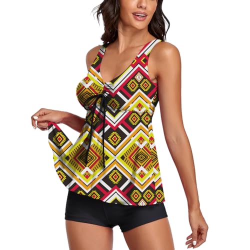 Image of Modest Tankini Swimsuits for Women Two Piece Bathing Suits Floral Print Tank Top with Boyshorts Tummy Control Swimming Suits