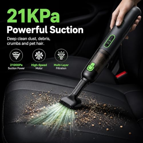 Image of Car Vacuum, 4-in-1 Portable Mini Cordless Vacuum with 21000pa Suction Power, Vacuum Cleaner for Car, Space-Saving Shape, Type-C Charge, Design for Car & Outdoor Use