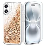 Caka Glitter Case for iPhone 16 for Women Girls, Bling Sparkle Liquid Phone Cover with Screen Protector, Sparkly Girly Flowing Floating Moving Quicksand Accessories - Gold