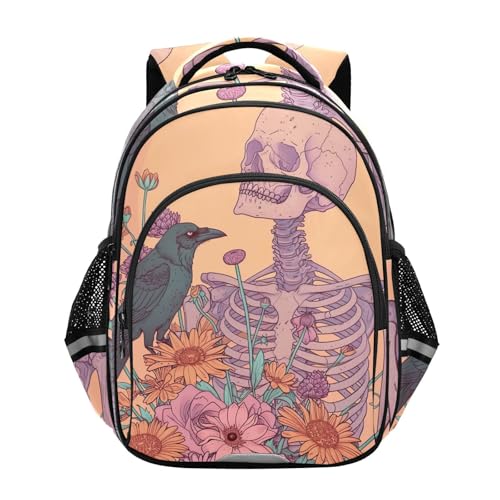 Skull Skeleton Bird Flower Backpack for Kids 8-14 Years Boys Girls School Bookbag Daypack M 202b5506