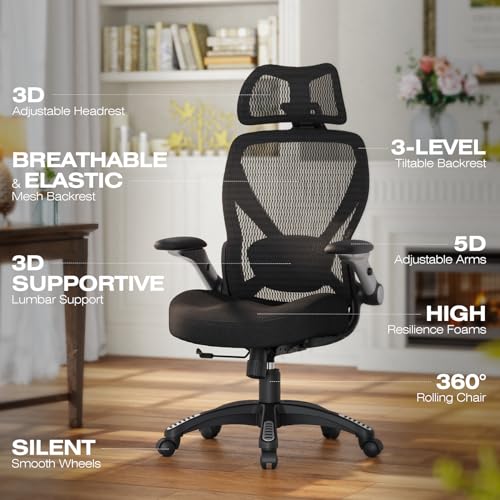 Image of ELABEST X100 Ergonomic Mesh Office Chair, Big and Tall Hone Desk Chair with 5D Flip-Up Arms, Adjustable 3D Lumbar Support,Gaming & Executive Computer Chairs for Long Hours, Padded Seat