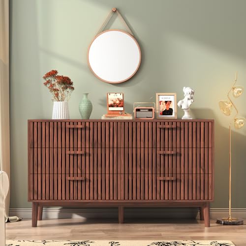 Yeutre Commode 6 tiroirs, Commode Chambre 100 cm Largeur, Meuble de Rangement en Effet Bois Marron, pour Salon, Chambre à Coucher, Bureau (Bois Marron-6...