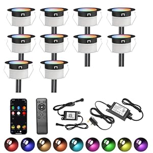 10 Pack Led Decking Lights RGBW Waterproof IP67 Multicolor Ø45MM 12V WiFi Function LED Deck Lights with Remote Control for Terrace/Patio/Path/Garden