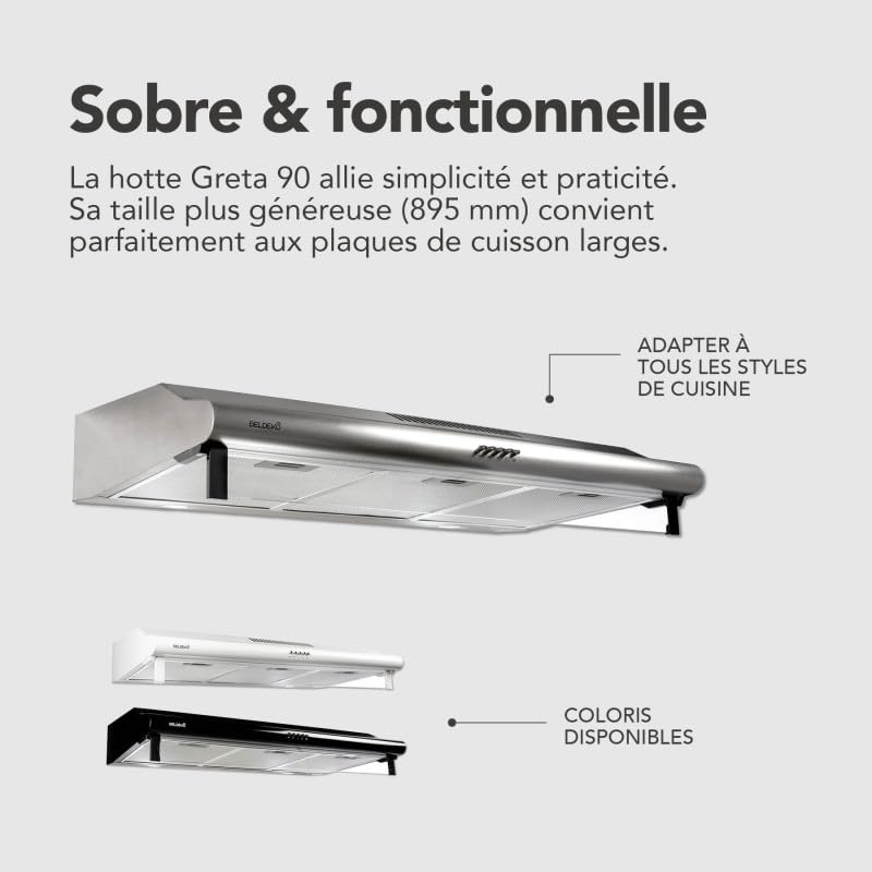BELDEKO Hotte Casquette 90 cm Inox 420 m3/h 100W - Marque Française