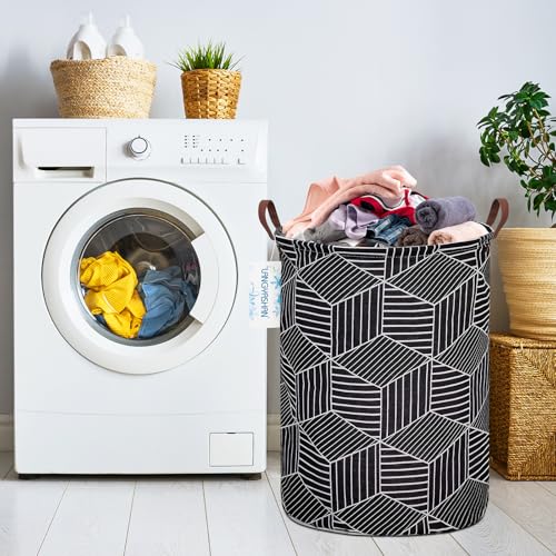 Image of Laundry Basket Canvas Fabric Collapsible Organizer Basket for Storage Bin Toy Bins Gift Baskets Bedroom Clothes Children Nursery Hamper (Black diamond)