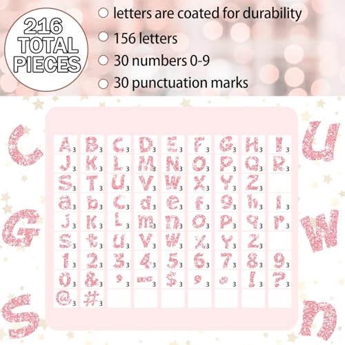 Image of Colarr 216 Pcs Glitter Bulletin Board Letters for Classroom Number Alphabet Punctuation Symbol Cutout 4'' Die-Cut Poster Letter with Adhesive Dot School Party Holiday Decor Display(Light Pink)