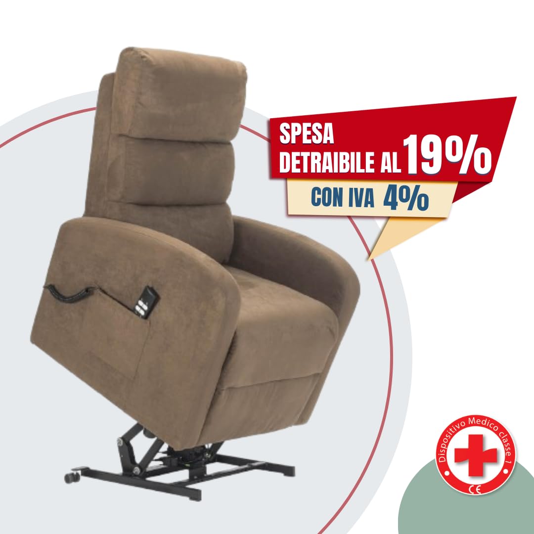 POLTRONE ITALIA Poltrona Relax Elettrica 4 ruote reclinazione poltrona per anziani soggiorno elevabile Detraibile 19% microfibra Marrone