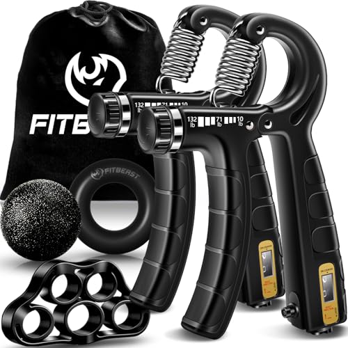 FitBeast Hand Grip Strengthener Workout Kit (5 Pack), 2 Forearm Grip Adjustable Resistance Hand Gripper, Finger Stretcher, Grip Ring & Stress Relief Grip Ball for Athletes, Black