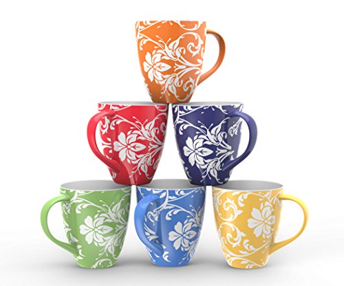 Francois et Mimi Set of 6 Large-sized 16 Ounce Ceramic Coffee Mugs (Floral) by Francois et Mimi