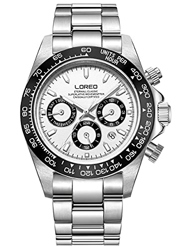 LOREO Mens Automatic Watch Silver Stainless Steel Sapphire Glass Ceramic Bezel Date Military Diving Waterproof Watch (White 9216)