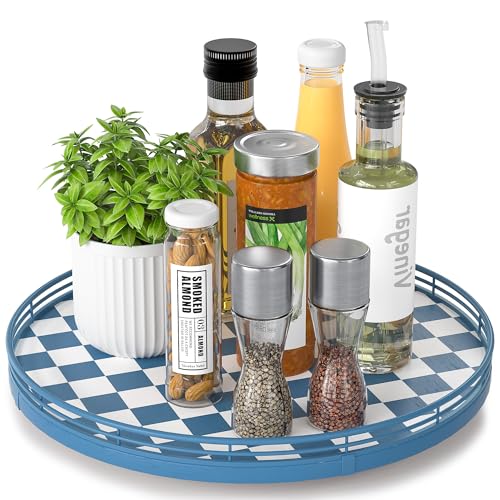 Image of Premium Rubber Wood Lazy Susan Turntable, Blue White Checkerboard Decorative Serving Tray, Hand-Welded Metal Railing, Stable Rotating Organizer for Dining Table, Kitchen Counter, Coffee Table Decor