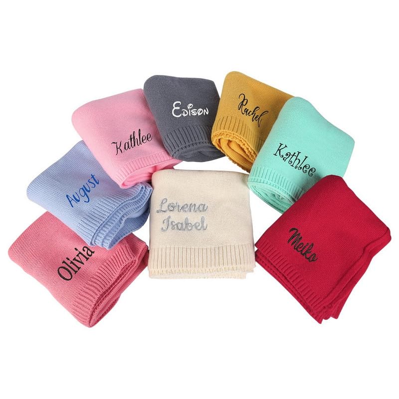 Urijk Personalised Baby Blankets 80 * 100cm Embroidered Knit Baby Blanket Cotton Knitted Blanket Personalized Embroidered Name Baby Soft Blanket Stroller Baby Blanket with Name Newborn Baby Gifts