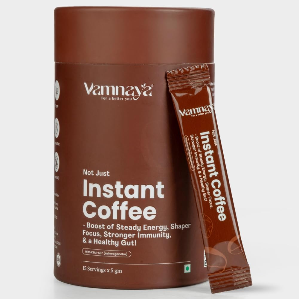 Vamnaya Instant Coffee Powder - Coffee Premix Sachets with KSM-66 Ashwagandha, Shiitake & Maitake Mushroom Powder, Taurine - Natural Wellness Products from Vamnaya - 15 Sachets (5g Each)