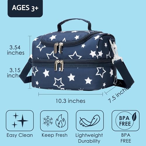Image of Insulated Kids Dual Compartment Lunch Bags Tote Pack for Girls Boys Toddler Kindergarten School Picnic Cooler Thermal Lunch Boxes with Strap Blue Star