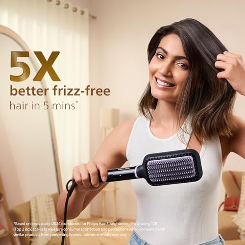 Philips Hair Straightener Brush - 5X Better Frizz Free Hair In 5min I Style with 2X More Volume | Shiny and Smooth Hair I No Scalp Burns | ThermoProtect Technology I Keratin Bristles I 2 Temperature settings | BHH880/10 (Image - 2)