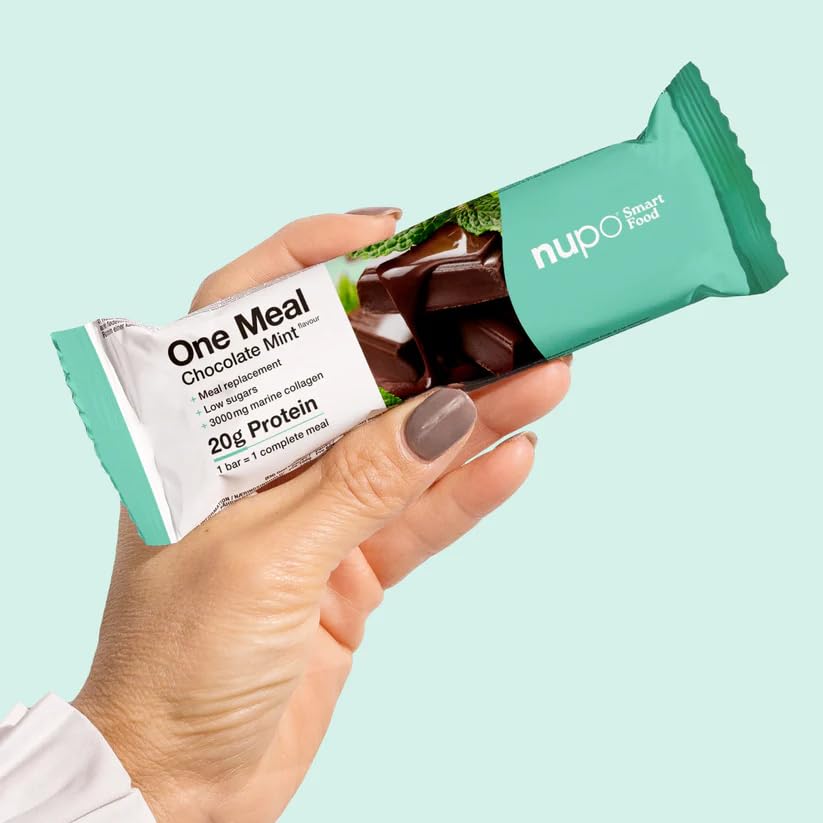 NUPO One Meal Bar – Chocolate-Mint (15 x 60g) | Leckerer High Protein Mahlzeitenersatz Riegel zum Abnehmen | Low Sugar | Mit 3000 mg Kollagen | Kalorienarme Snacks mit Vitaminen & Mineralien