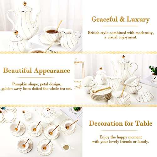 Dujust 22 Pcs White Porcelain Tea Set For 6, Luxury British Style Tea/Coffee Cup Set With Golden Trim, Beautiful Tea Set For Women, Tea Party Set, Gift Package (Including A Stand) - White #TOP3