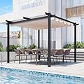 EROMMY Retractable Pergola 10' x 10', Metal Freestanding Shelter with Adjustable Sun Shade Canopy for Patios, Beige