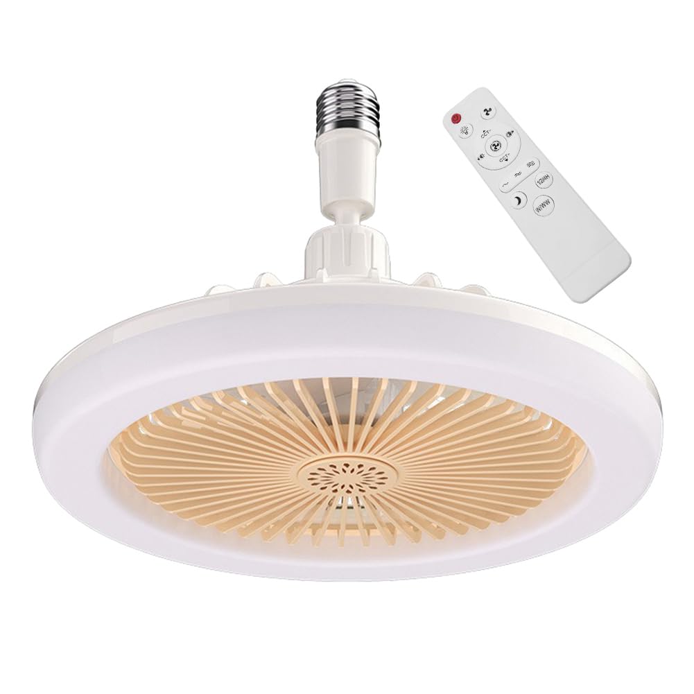 Led Ceiling Fan Light with Remote | Plug in Socket Ceiling Fan Light | 3 Speed Timing Dimmable Led Light Bulb Fan | E27 30w Silent Screw in Lamp Fans for Bedroom Home Office