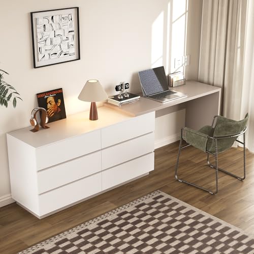 Trroec Modern L-Shaped Rotating Computer Desk with 6 Drawers with 51 File Cabinet for Learning and Write Reversible Layout Desk Dresser Combo for Home Office Furniture