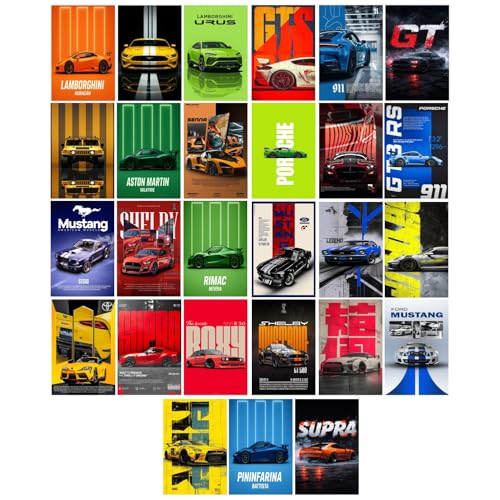 Image of StickerYard Car Wall Posters Set of 27 (4x6 Inch) Mini Prints | Classic Retro Car Collage Kit for Room, Garage & Office | 300 GSM Matte Photo Paper, Double Sided Tape Included | Antique Automobile Wall Art Decor