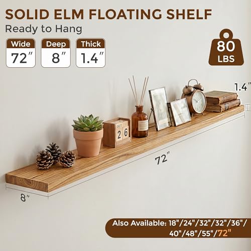 Image of Dreamland 72 Inch Floating Shelves for Wall, Solid Elm Wood Wall Shelves for Living Room, Bedroom, Kitchen, Bathroom, Wall Mounted Long Floating Shelf Set of 1, Natural