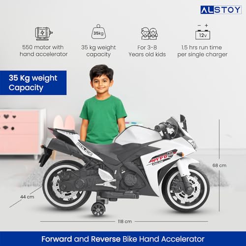 Image of Alstoy Ninja Ride-On Bike for Kids | 12V Rechargeable Battery Electric Toy Bike | Bluetooth Music | 35kg Capacity | Ages 3-8 Boys & Girls| BIS /ISI Approved | 6-Month Warranty | Large | Police White