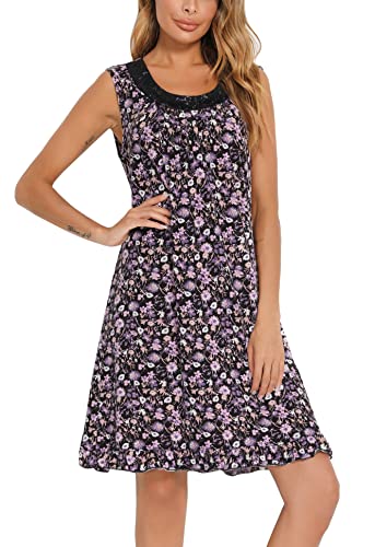 Vslarh Women Sleeveless Nightgowns Lace Sleepshirts Soft Sleepdress Wide Strap Chemise Tank Top Sleepwear Print Pajama Dress(Purple,Xx-Large) #TOP3